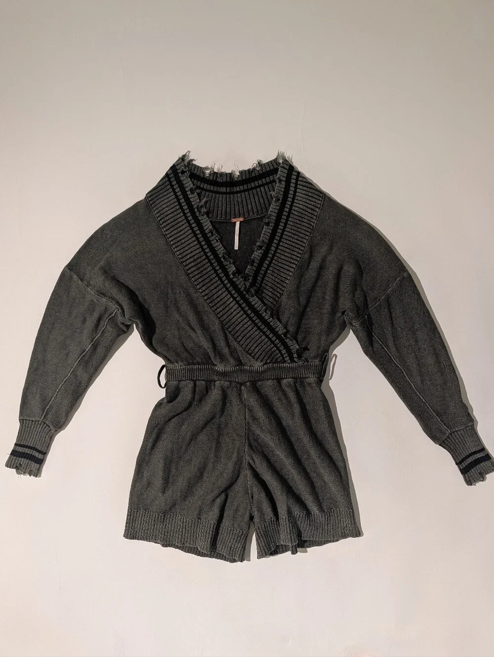 Free People Distressed Knit Sweater Wrap Romper Faded Black XS